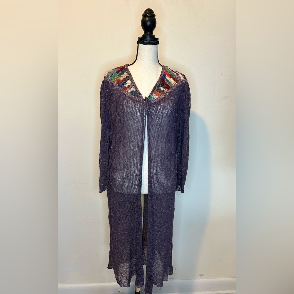 Vtg Celeste Paris Sheer Knit Duster Cardigan Long Open Front Boho Crochet Detail